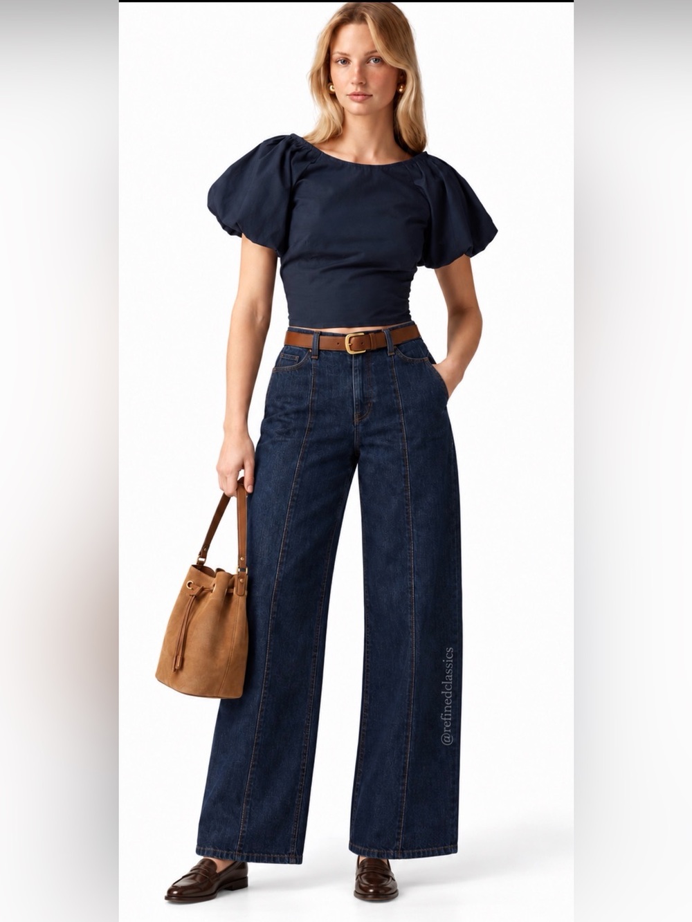 J.Crew Fitted Smocked back Puff Sleeve Top in Navy